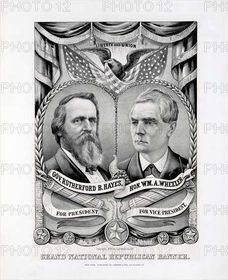 Grand National Republican Banner, Gov. Rutherford B. Hayes for President, Hon. William A. Wheeler for Vice President, Presidential Election Campaign Banner, Lithograph, Published by Currier & Ives, 1876