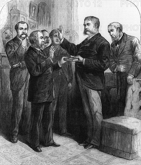 The Death of President Garfield, Judge Brady administering the Presidential oath to Vice President Arthur, at his residence in New York, September 20th, Cover illustration, Frank Leslie's illustrated Newspaper, October 8, 1881