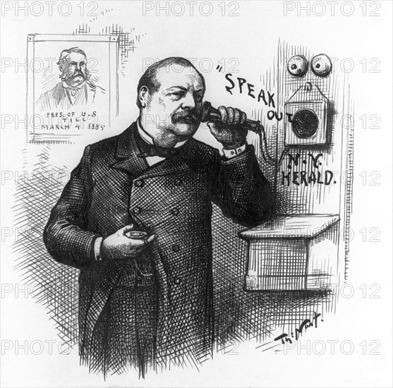 "Speak Out, N.Y. Herald", President-elect Grover Cleveland Holding Telephone Receiver to Ear, with Portrait of President Chester A. Arthur Captioned, "Pres. of U.S. till March 4, 1885", Harper's Weekly, Illustration, Thomas Nast, February 14, 1885