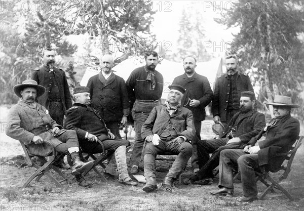 U.S. President Chester A. Arthur and Members of his Expedition to Yellowstone National Park, Left to right: John Schuyler Crosby, Lt. Col. Michael V. Sheridan. Lt. Gen. Philip H. Sheridan, Anson Stager, unidentified, President Arthur , unidentified, unidentified, Robert Todd Lincoln, and George G. Vest, Upper Geyser Basin, Wyoming, USA, Photograph by Frank Jay Haynes, 1883