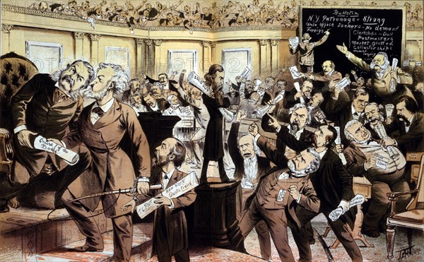 "This is not the New York Stock Exchange, it is the Patronage Exchange, Called U.S. Senate", Political Cartoon Featuring U.S. President Chester A. Arthur, Illustration by James Albert Wales, Puck Magazine, April 13, 1881