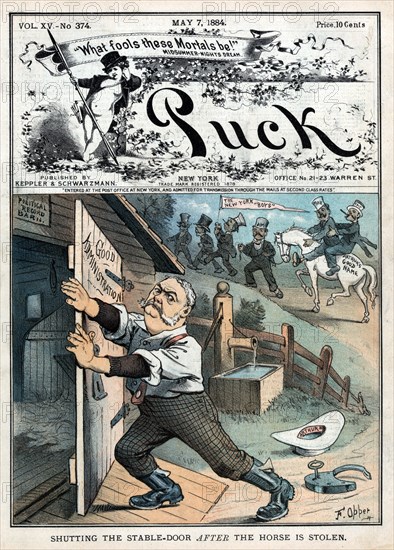 "Shutting the Stable-Door after the Horse is Stolen", Political Cartoon Featuring U.S. President Chester A. Arthur Closing a Door Labeled "Good Administration" to a Stable Labeled "Political Record Barn", Puck Magazine, Artwork by Frederick Burr Opper, Published by Keppler & Schwarzmann, May 7, 1884