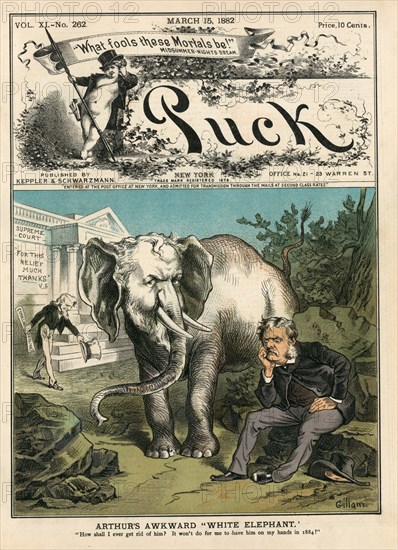 Arthur's Awkward "White Elephant", Political Cartoon Featuring U.S. President Chester A. Arthur Sitting with Large White Elephant Looking like Roscoe Conkling, Puck Magazine, Artwork by Bernhard Gillam, Published by Keppler & Schwarzmann, March 15, 1882