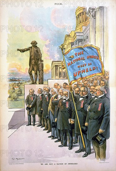 "We are not a Nation of Swindlers!", Political Cartoon of a group of people featuring U.S. Presidents Grover Cleveland, William McKinley, and Benjamin Harrison in foreground, with McKinley holding up flag, "The National Honor must be Upheld!", Puck Magazine, Keppler & Schwarzmann, October 21, 1896