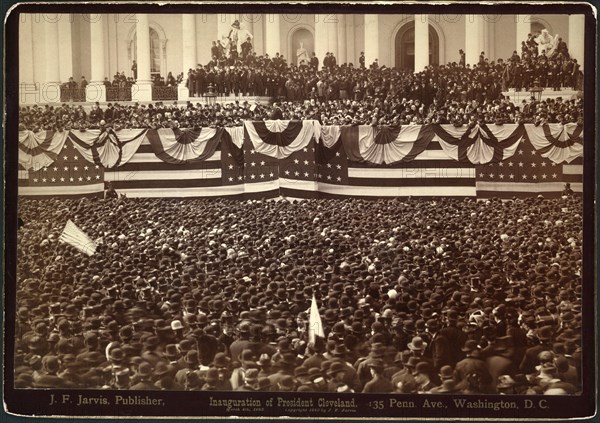 Inauguration of President Cleveland, U.S. President Grover Cleveland Delivering his Inaugural address to crowd, East Portico of U.S. Capitol, Washington DC, USA, Photograph by J.F. Jarvis, March 4, 1885
