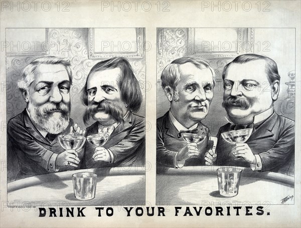 Composite of Two Caricatures of James G. Blaine and John A. Logan toasting each other, and of Grover Cleveland and Thomas A. Hendricks toasting each other, 1884 U.S. Presidential Election Campaign, Artwork by James Albert Wales, 1884