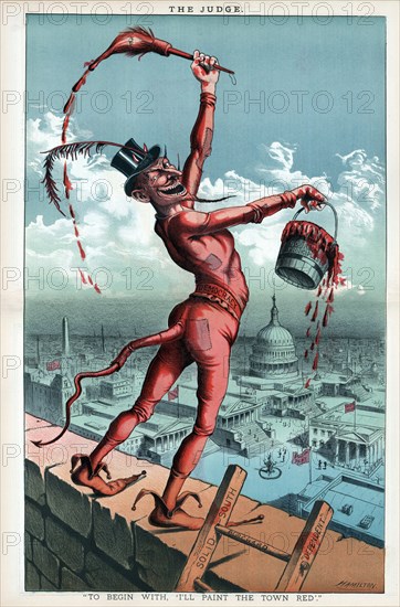 "To Begin With, I'll Paint the Town Red", Political Cartoon featuring a Devil holding a bucket labeled "Bourbon Principles" and a paintbrush, which appears a profile caricature of Grover Cleveland, artwork by Grant E. Hamilton, Judge Magazine, January 31, 1885