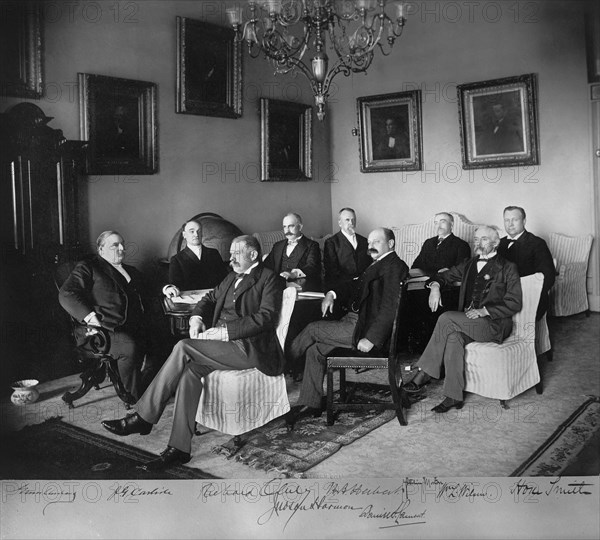 U.S. President Grover Cleveland with Members of his cabinet, L-R: Grover Cleveland, John Carlisle, Secretary of the Treasury; Richard Olney, Secretary of State; Judson Harmon, Attorney General; Hilary Herbert, Secretary of the Navy; Daniel S . Lamont, Secretary of War; Julius S. Morton, Secretary of Agriculture; William Lyne Wilson, Postmaster General; M. Hoke Smith, Secretary of the Interior, 1895-96