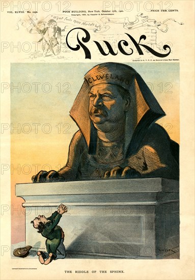 "The Riddle of the Sphinx", Political Cartoon featuring William Jennings Bryan on his Knees appealing to a Sphinx with the face of former President Grover Cleveland, Puck Magazine, Keppler & Schwarzmann, October 17, 1900