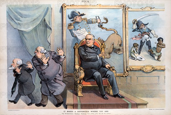 "It Makes a Difference Where you Are", Political Cartoon featuring President William McKinley sitting on Chair with two Paintings Hanging on the Wall Illustrating the Foreign Policies of former Presidents Benjamin Harrison and Grover Cleveland, who are both Walking Away, Artwork by Udo J. Keppler, Puck Magazine, Keppler & Schwarzmann, February 20, 1901