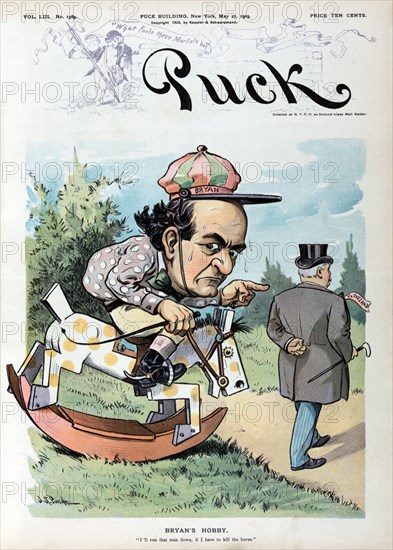 "Bryan's Hobby", Political Cartoon Featuring William Jennings Bryan as a horse racing jockey sitting on a rocking horse trying to catch Grover Cleveland, Artwork by John S. Pugh, Lithograph by J. Ottmann Lith. Co., Puck Magazine, Keppler & Schwarzmann, May 27, 1903