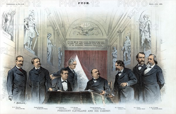 President Cleveland and his Cabinet, L-R: W.C. Whitney, Secretary of the Navy, Daniel Manning, Secretary of the Treasury, A.H. Garland, Attorney-General, T.F. Bayard, Secretary of State, W.C. Endicott, Secretary of War, W.F. Vilas, Postmaster-General and L.Q.C. Lamar, Secretary of the Interior" Artwork by Joseph Keppler, Puck Magazine, Keppler & Schwarzmann, March 11, 1885