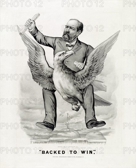 "Backed to Win", Cartoon showing James A. Garfield riding on back of eagle and holding up scroll "Republican nomination" above White House, Lithograph, Currier & Ives, 1880