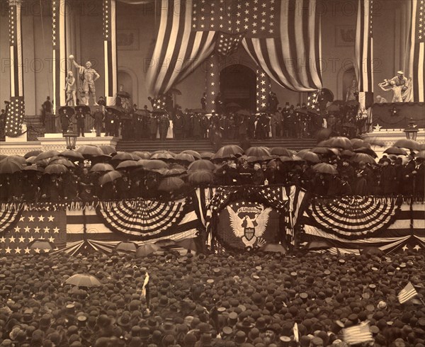 Chief Justice Melville W. Fuller administering the oath of office to Benjamin Harrison on the east portico of the U.S. Capitol, Washington DC. USA, March 4, 1889