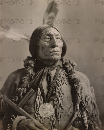 Wolf Robe, Southern Cheyenne Chief, Wearing a Benjamin Harrison Presidential Medallion, which he Received from the Federal Government in 1890 for Assisting the Cherokee Commission in Negotiations for Disposal of land, Head and Shoulders Portrait, Louisiana Purchase Exposition, St. Louis, Missouri, USA, photograph by Gerhard Sisters, 1904