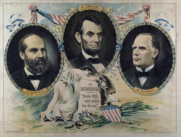 In Memoriam, "Gods Will, Not Ours be Done", Head and Shoulders Portraits of Assassinated U.S. Presidents James A. Garfield, Abraham Lincoln & William McKinley, Lithograph, Monasch Lith. Co., Published by J.H. De Bruyn, 1901