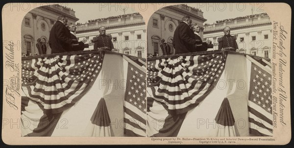 Opening Prayer by Dr. Butler with President McKinley and Admiral Dewey, Sword Presentation Ceremony, U.S. Capitol Steps, Washington DC, USA, Stereo Card, Underwood & Underwood, 1899