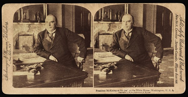 President McKinley at his desk in the White House, Washington DC, USA, Stereo Card, Underwood & Underwood, 1898