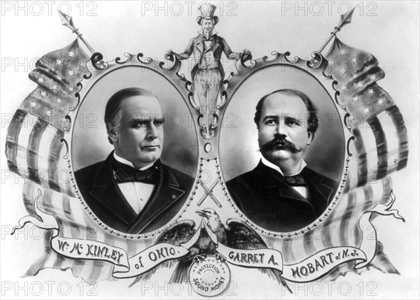 William McKinley and Garret A. Hobart, Head and Shoulders Portrait in Ovals Bordered with American Flags with Uncle Sam, Presidential Election Banner, 1896