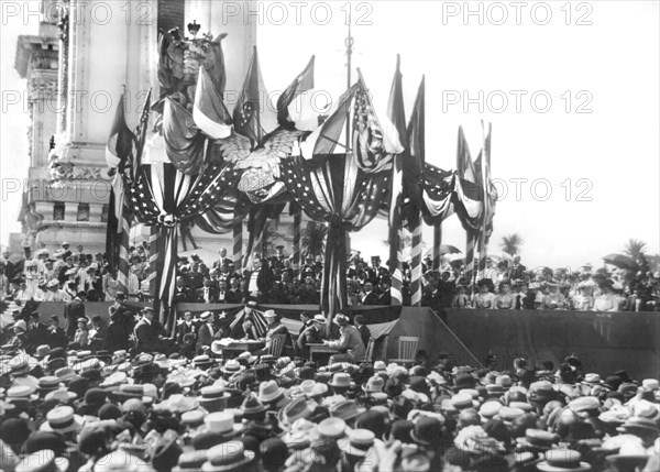 U.S. President William McKinley Delivering Address to Crowd from Flag-Draped Stand, Pan-American Exposition in Buffalo, New York, USA, Photograph by C.D. Arnold, September 5, 1901