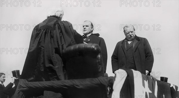Chief Justice Melville Weston Fuller Administering Oath of Office to President William McKinley, Former President Grover Cleveland on Right, U.S. Capitol, Washington DC, USA, March 4, 1897