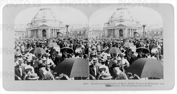 Crowds at the Temple of Music where President McKinley was Assassinated, Pan American Exposition, Stereo Card, Photographed and Published by B.W. Kilburn, 1901