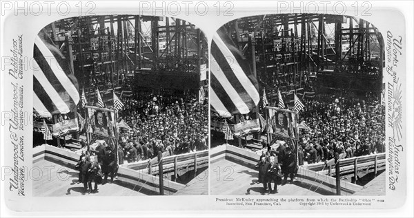 President McKinley Approaching the Platform from which Battleship "Ohio" was Launched, San Francisco, California, USA, Stereo Card, Underwood & Underwood, 1901