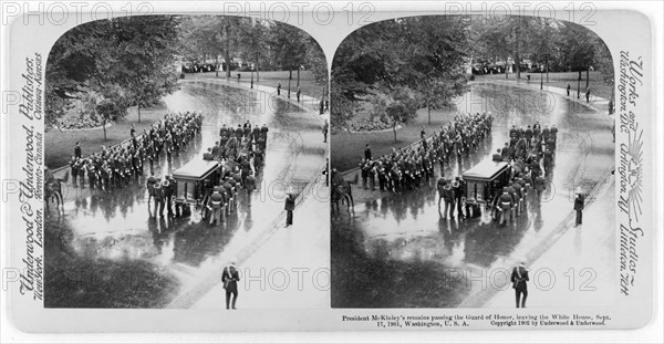 President McKinley's remains passing the Guard of Honor leaving the White House, Washington D.C., USA, Stereo Card, Underwood & Underwood, September 17 1901