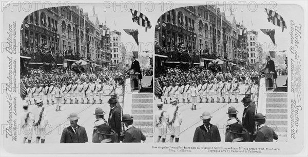 Los Angeles' beautiful reception to President McKinley - State militia armed with freedom's flag, California, Stereo Card, Underwood & Underwood, 1901