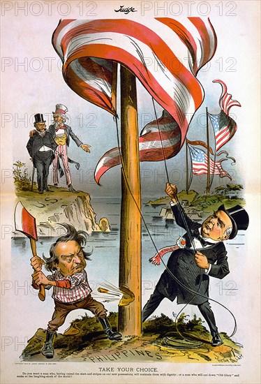 "Take Your Choice", William McKinley raising U.S. flag in the Philippines, and William Jennings Bryan chopping it down, with U.S. flags flying over Puerto Rico and Cuba, as Uncle Sam and another man watch from U.S. soil, Political Cartoon, Artwork by F. Victor Gillam, Judge Magazine, May 12, 1900