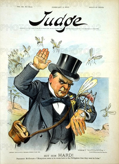 "Hit Him Hard!", U.S. President William McKinley about to swat "insurgent Aguinaldo," a Mosquito, as other "Insurgent" Mosquitoes prepare to attack him, Political Cartoon, Artwork by Grant Hamilton, Judge Magazine, February 4, 1899