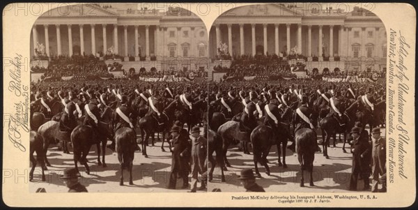 President McKinley delivering his inaugural address, Washington, USA, Stereo Card, John F. Jarvis, March 4, 1897