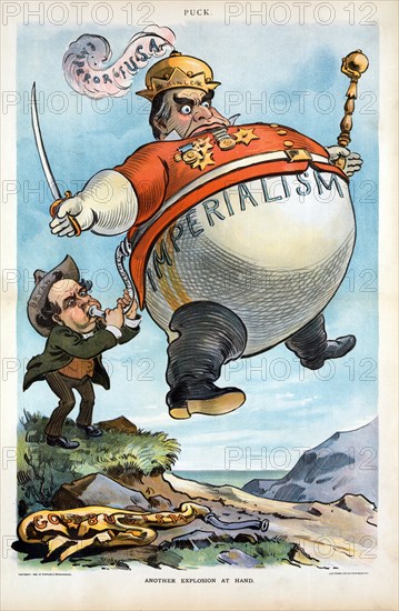 "Another Explosion at Hand", Political Cartoon Featuring William Jennings Bryan, using  hot-air from his "Speeches", to inflate a Large Balloon Labeled "Imperialism", of President William McKinley Dressed as the "Emperor of USA", holding a Scepter and Sword, Artwork by Udo J. Keppler, Lithograph by J. Ottmann Lith. Co., Published by Keppler & Schwartzmann, September 19, 1900