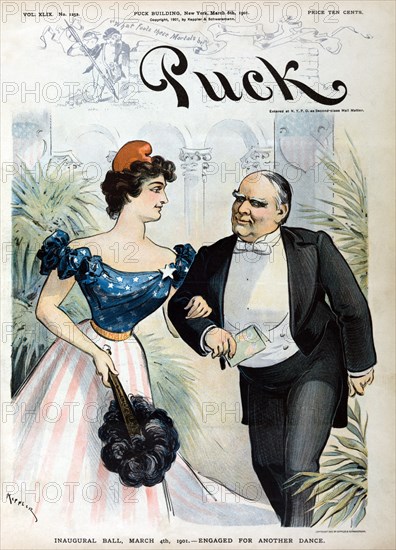"Inaugural ball, March 4th, 1901 - Engaged for Another Dance", Political Cartoon Featuring President William McKinley and Columbia, arm-in-arm, Heading for the Inaugural Ball, Artwork by Udo J. Keppler, Lithograph by J. Ottmann Lith. Co., Published by Keppler & Schwartzmann, March 6, 1901