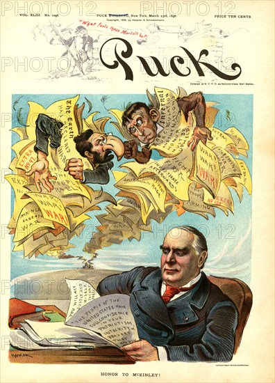"Honor to McKinley", Political Cartoon Featuring U.S. President William McKinley and Editors of Yellow Journalism Newspapers Joseph Pulitzer and William Randolph Hearst, Puck Magazine, Artwork by Udo J. Keppler, Lithograph by J. Ottmann Lith. Co., Published by Keppler & Schwartzmann, March 23, 1898