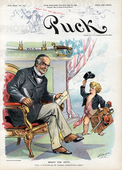 "Ready for Duty", Political Cartoon featuring Puck offering his Services to U.S. President William McKinley with a Sword labeled "War" Hanging on Wall, Puck Magazine, Artwork by Louis Dalrymple, Published by Keppler & Schwartzmann, May 4, 1898