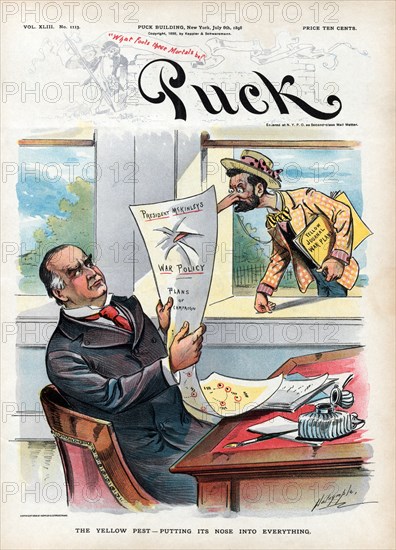 "The Yellow Pest - Putting its Nose into Everything", Political Cartoon featuring U.S. President William McKinley and a man, Possibly Joseph Pulitzer, carrying Sheets of Paper labeled "Yellow Journal War Plans", Poking his Nose into McKinley's "Plans of Campaign", Puck Magazine, Artwork by Louis Dalrymple, Published by Keppler & Schwartzmann, July 6, 1898