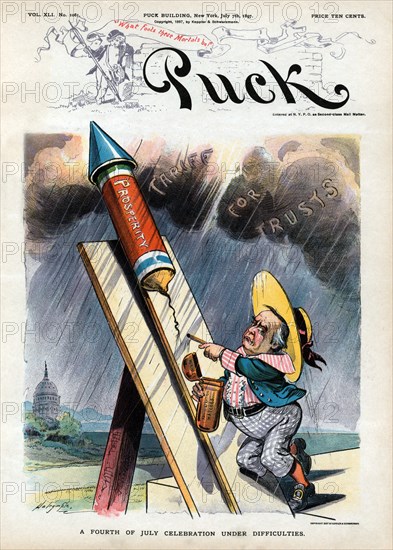 "A Fourth of July Celebration under Difficulties", Political Cartoon featuring U.S. President William McKinley, as a Young Boy, Attempting to Light Fuse to Fireworks Rocket labeled "Prosperity" using "McKinley Administration Matches" during Rainstorm beneath Dark Clouds Labeled "Tariff for Trusts", Puck Magazine, Artwork by Louis Dalrymple, Published by Keppler & Schwartzmann, July 7, 1897