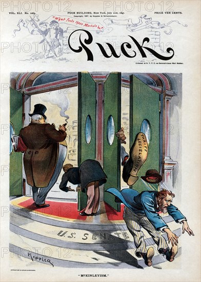 "McKinleyism", Political Cartoon Featuring Fat Businessman Labeled "Monopolist" being Welcomed into  "U.S. Senate", and on right, a "Tax Payer" being Booted out by  Large Shoe Labeled "Tariff Legislation", Puck Magazine, Artwork by Udo J. Keppler, Published by Keppler & Schwartzmann, July 21, 1897