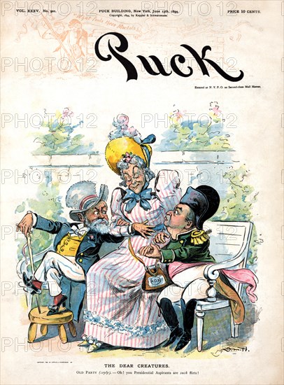 "The Dear Creatures", Political Cartoon Featuring Old Woman Sitting on Bench, holding a purse labeled "G.O.P.", with Benjamin Harrison on (left) and William McKinley (right), vying for her Attention, Puck Magazine, Artwork by Frank Marion Hutchins, Published by Keppler & Schwartzmann, June 13, 1894