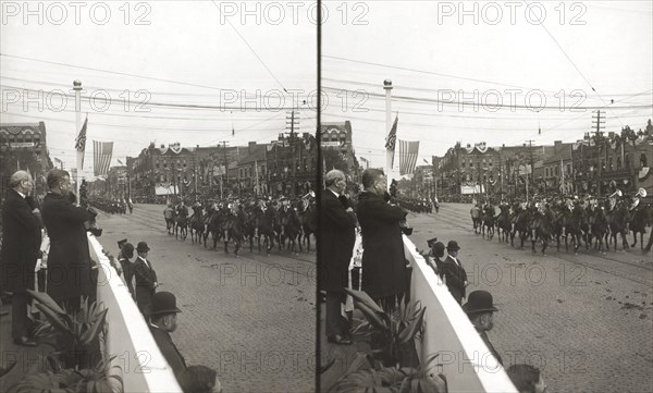 U.S. President Theodore Roosevelt with the Mayor of Canton Reviewing Parade on McKinley Memorial Day, Canton, Ohio, USA, Stereo Card, October 7, 1907