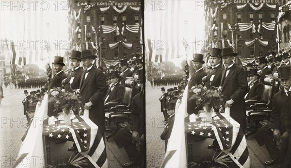 U.S. President Theodore Roosevelt with the Mayor of Canton Reviewing Parade on McKinley Memorial Day, Canton, Ohio, USA, Stereo Card, October 7, 1907