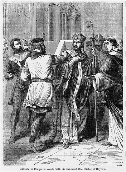 William the Conqueror arrests with his own hand Odo, Bishop of Bayeux, Illustration from John Cassell's Illustrated History of England, Vol. I from the earliest period to the reign of Edward the Fourth, Cassell, Petter and Galpin, 1857