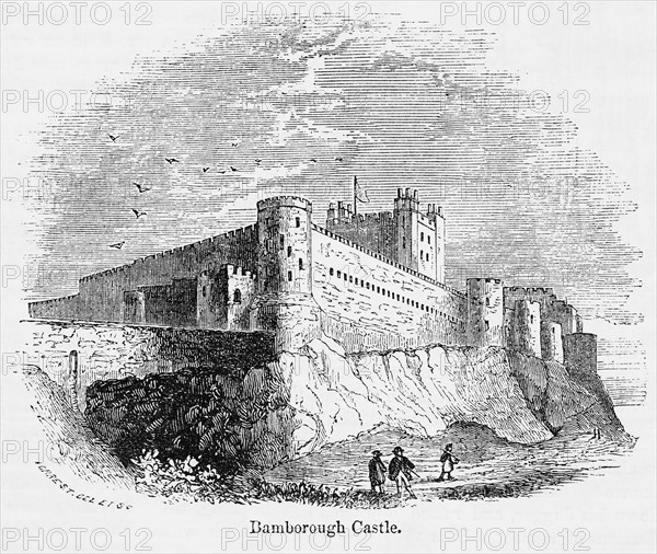 Bamborough Castle, now known as Bamburgh Castle, Illustration from John Cassell's Illustrated History of England, Vol. I from the earliest period to the reign of Edward the Fourth, Cassell, Petter and Galpin, 1857