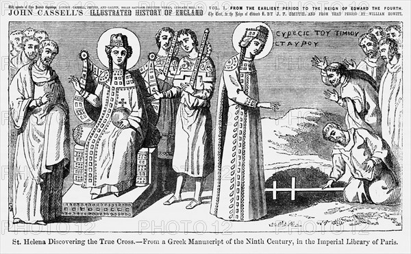 St. Helena Discovering the True Cross, From a Greek Manuscript of the Ninth Century, in the Imperial Library of Paris, Illustration from John Cassell's Illustrated History of England, Vol. I from the earliest period to the reign of Edward the Fourth, Cassell, Petter and Galpin, 1857
