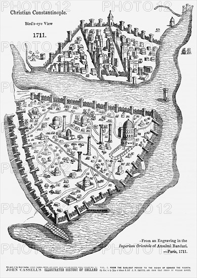 Christian Constantinople, Bird’s eye View 1711, Illustration from John Cassell's Illustrated History of England, Vol. I from the earliest period to the reign of Edward the Fourth, Cassell, Petter and Galpin, 1857