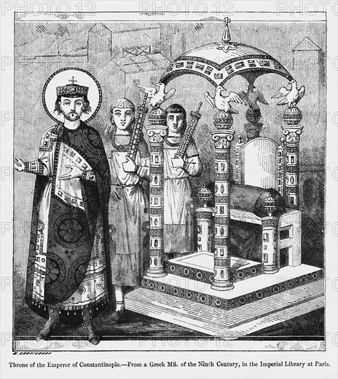 Throne of the Emperor of Constantinople, from a Greek Manuscript of the Ninth Century, in the Imperial Library of Paris, Illustration from John Cassell's Illustrated History of England, Vol. I from the earliest period to the reign of Edward the Fourth, Cassell, Petter and Galpin, 1857
