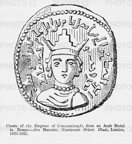 Crown of the Empress of Constantinople, from an Arab Medal in Bronze, Illustration from John Cassell's Illustrated History of England, Vol. I from the earliest period to the reign of Edward the Fourth, Cassell, Petter and Galpin, 1857