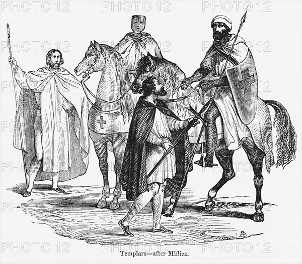 Templars - after Mifliez, Possibly an Engraving from an original work by Ferdinand Mifliez, Illustration from John Cassell's Illustrated History of England, Vol. I from the earliest period to the reign of Edward the Fourth, Cassell, Petter and Galpin, 1857