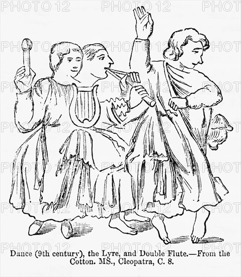 Dance (9th century), the Lyre, and Double Flute, From the Cotton, Manuscript, Cleopatra, C. 8, Illustration from John Cassell's Illustrated History of England, Vol. I from the earliest period to the reign of Edward the Fourth, Cassell, Petter and Galpin, 1857